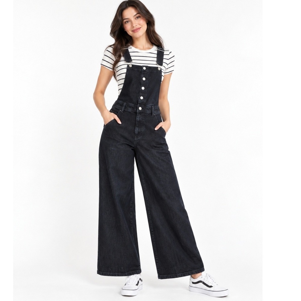 Universal Thread Women 10 Overalls Black Denim Wide Leg Boho Grunge Utility